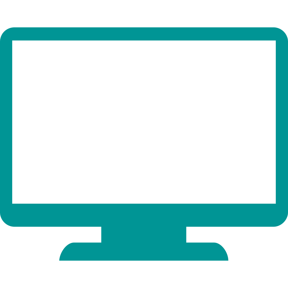 Teal computer monitor icon with a rectangular screen, rounded corners, and a centered stand in a simple flat design.