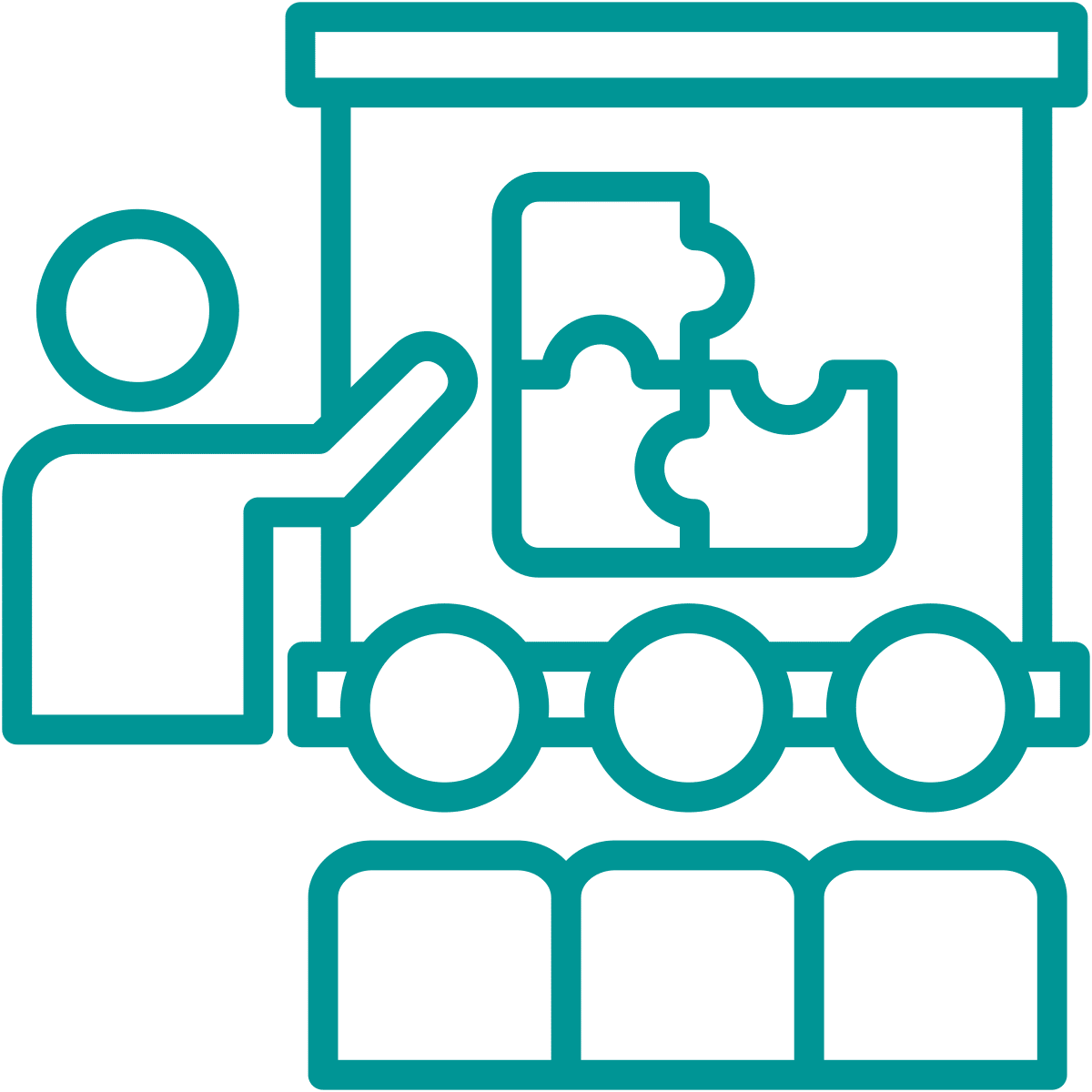 Teal line-art icon showing a person presenting a puzzle piece on a display board in front of an audience, representing in-person training, education, or collaborative learning.